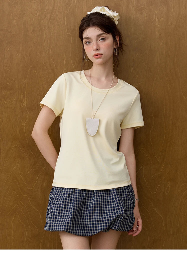Mishow Solid Straight Shoulder Lace Trim Tee MXE31T0532