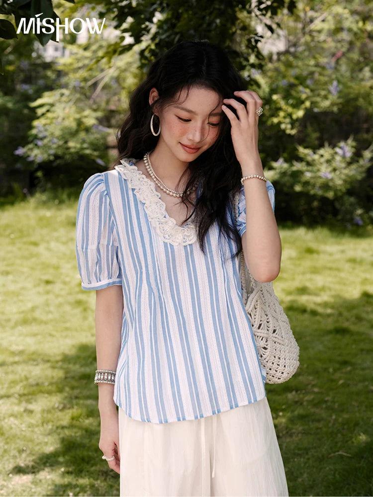 MISHOW Cotton Striped Blouse Lantern Sleeve Lace V-Neck MXE36X1845
