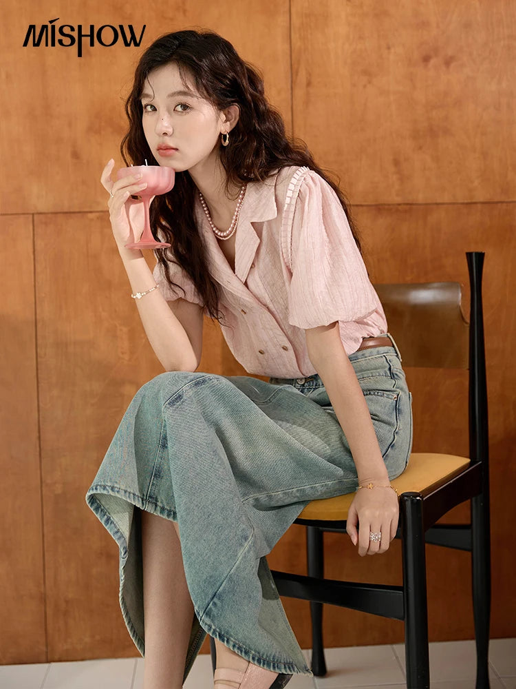 MISHOW Retro Pink Short Sleeve Shirt Ruffled Edge MXD29C0273