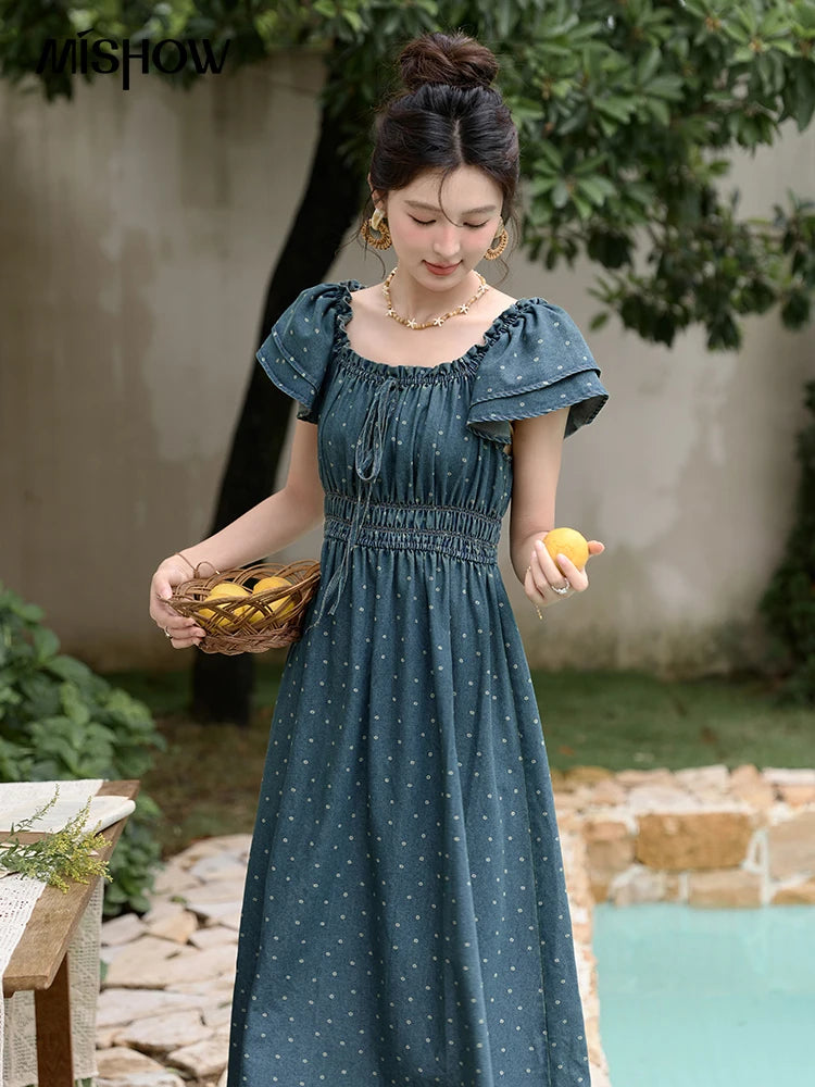 Mishow Polka Dot Flying Sleeve Lace-Up Denim Dress MXD30L2022
