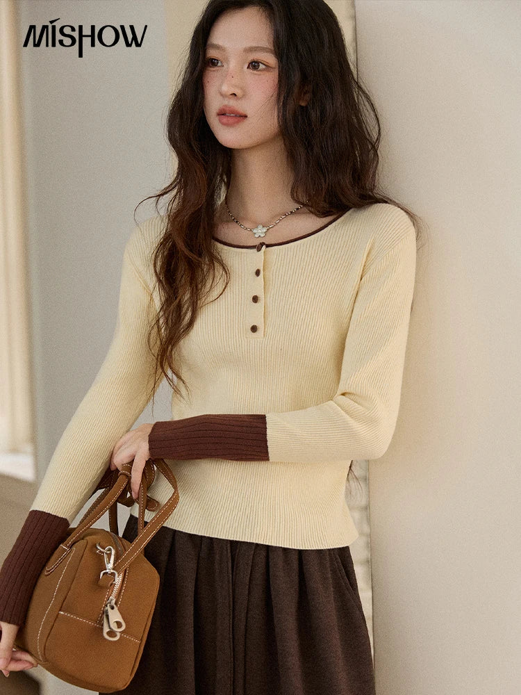 Mishow Retro Contrast Color Crew Neck Sweater MXE89Z2639