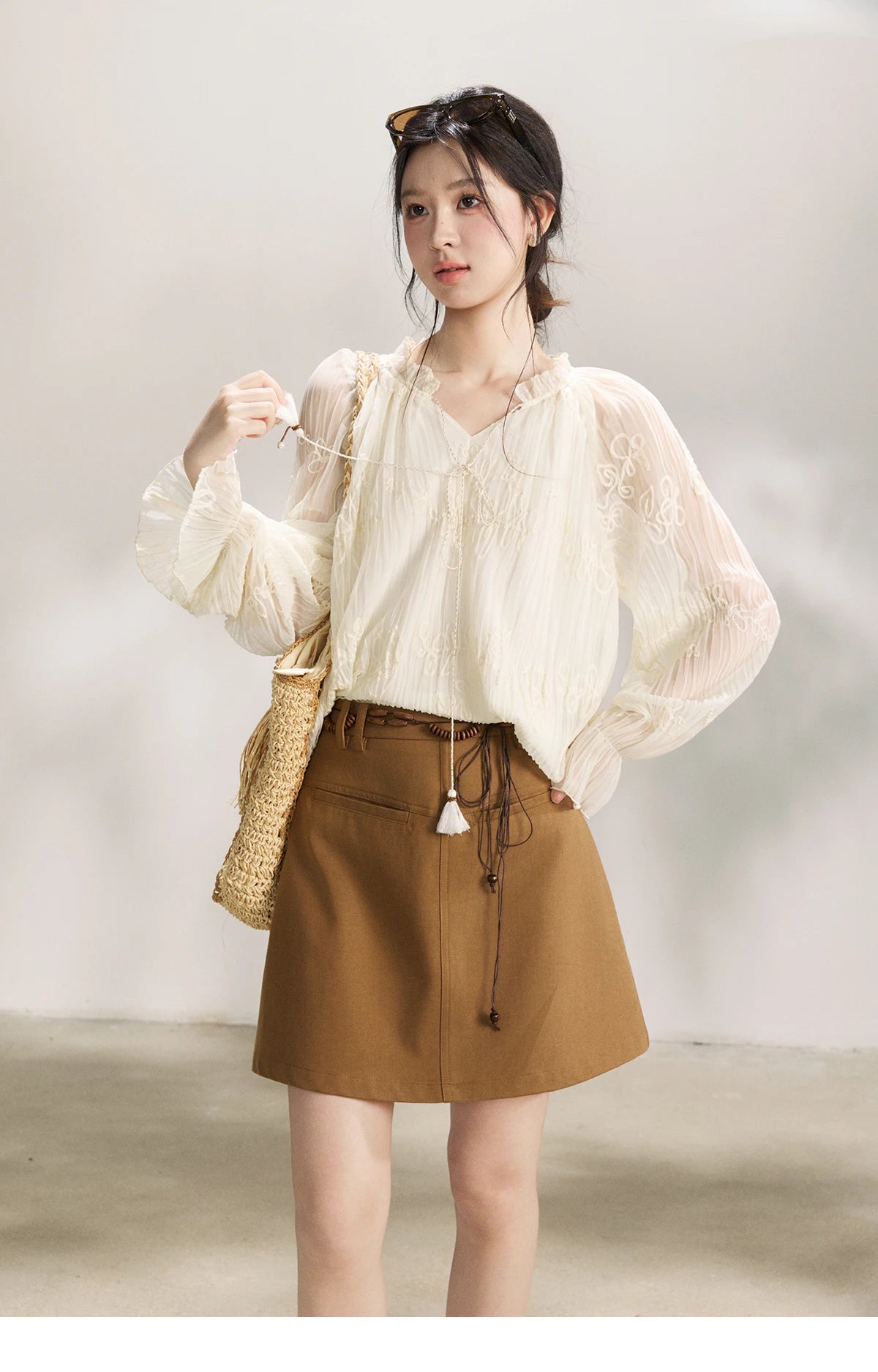 MISHOW Tassel Tie Flower Embroidered Blouse V-Neck Lantern Sleeve MXF13X2525