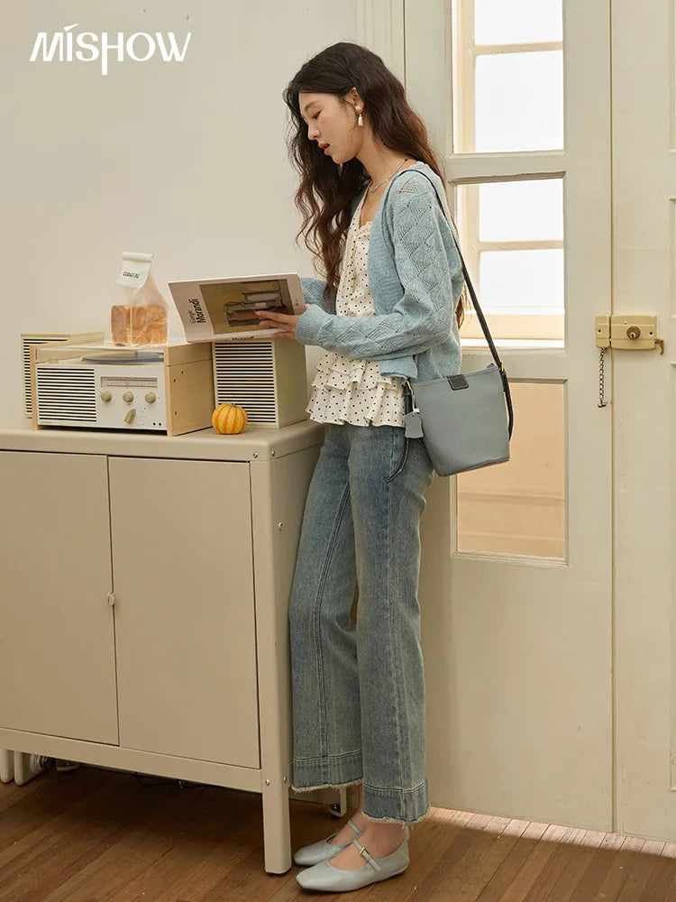Mishow Blue Argyle Dropped Sleeve Wool Cardigan MXE41Z1313