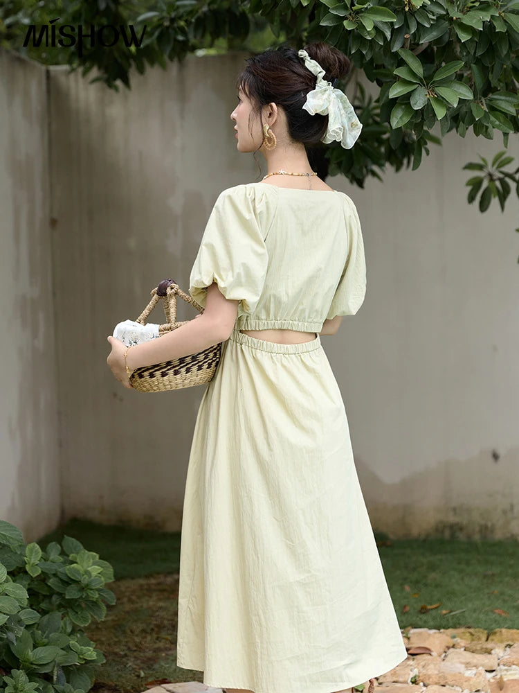 Mishow French V-Neck Bubble Sleeve Back Green Dress MXD22L1825