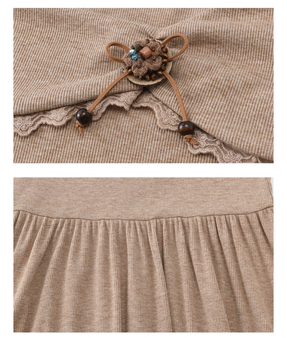 Mishow Khaki Large Collar Pleated Knit Dress MXF11L2553