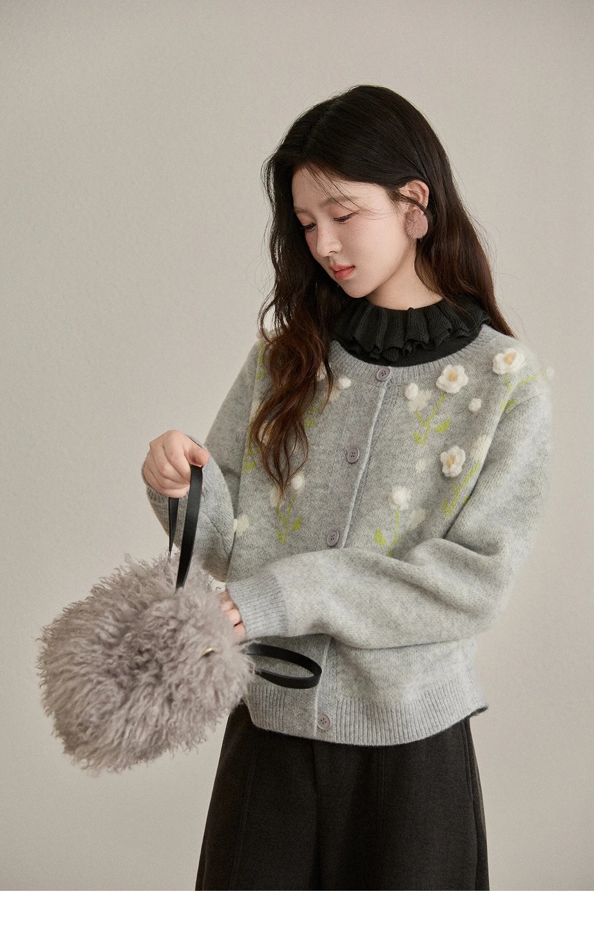Mishow Gray Flower Embroidery Round Collar Cardigan MXE91Z2836