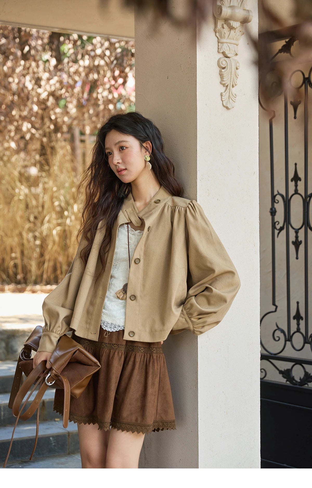Mishow British Light Brown Stand Collar Trench MXE43W0802