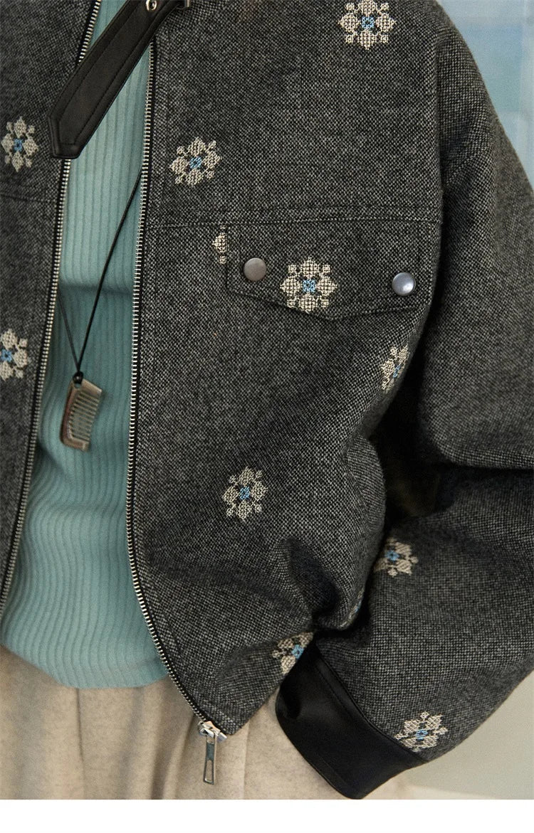MISHOW Wool Blend Jacket Small Flower Embroidery Turtleneck Zipper MXE86W0906