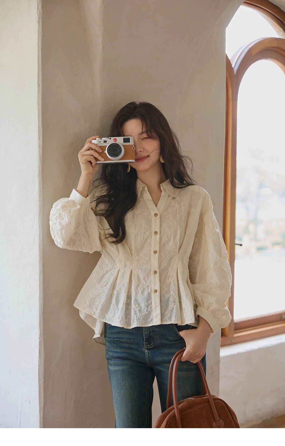 MISHOW French Lace Blouse Lantern Sleeve Ruffle Hem MXE42C2372