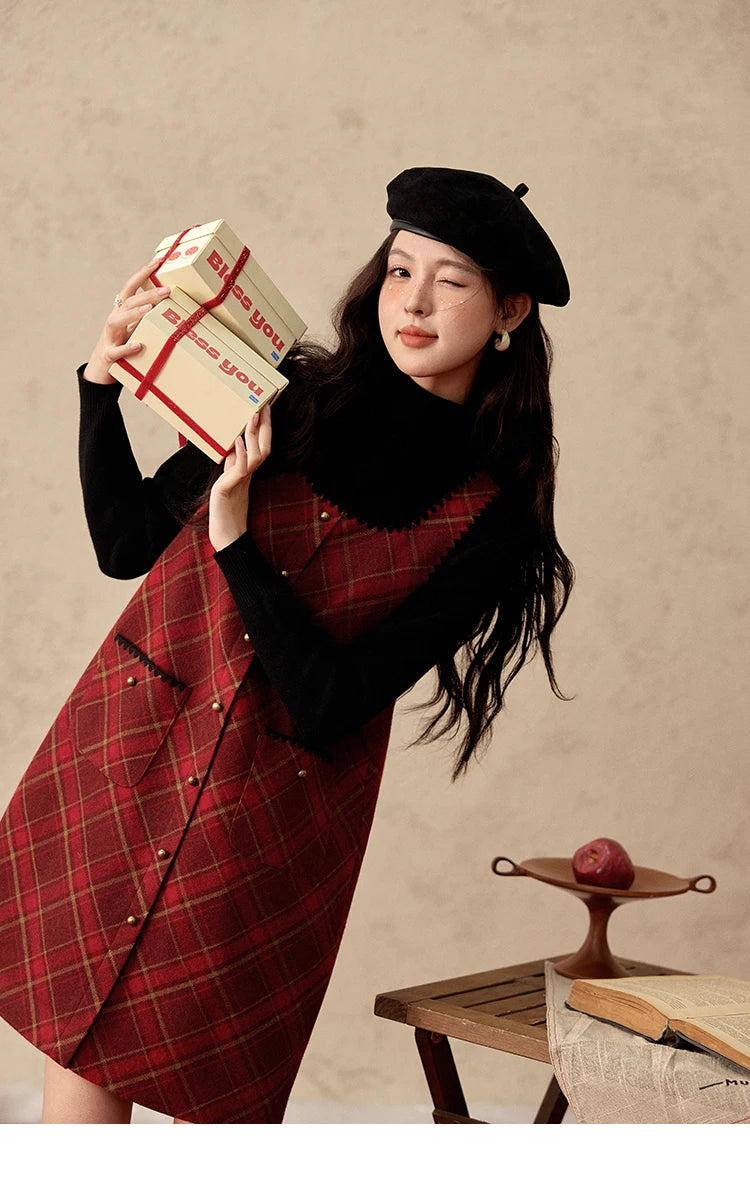Mishow Plaid Square Neck Woolen Vest Dress MXD58L2078