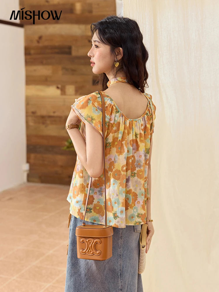 MISHOW Cotton Citrus Oil Painting Blouse Flying Sleeve MXE36X1872