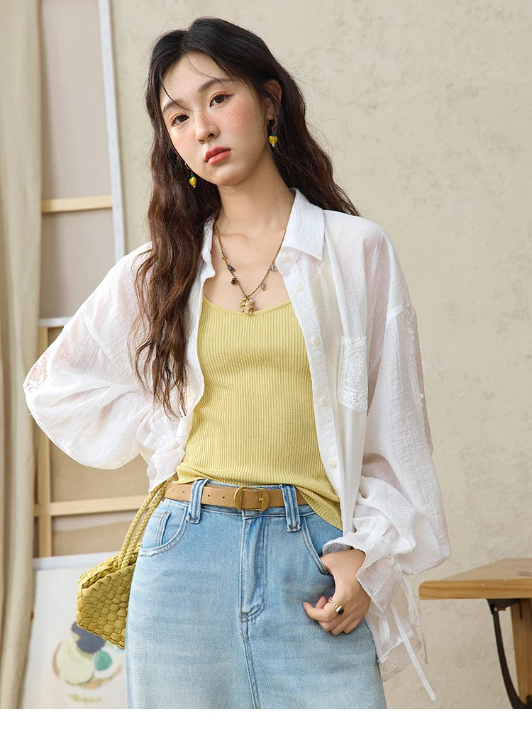 MISHOW Women's Patchwork Lace Shirt Lapel Drop Sleeve Drawstring Cuffs MXE31C0789