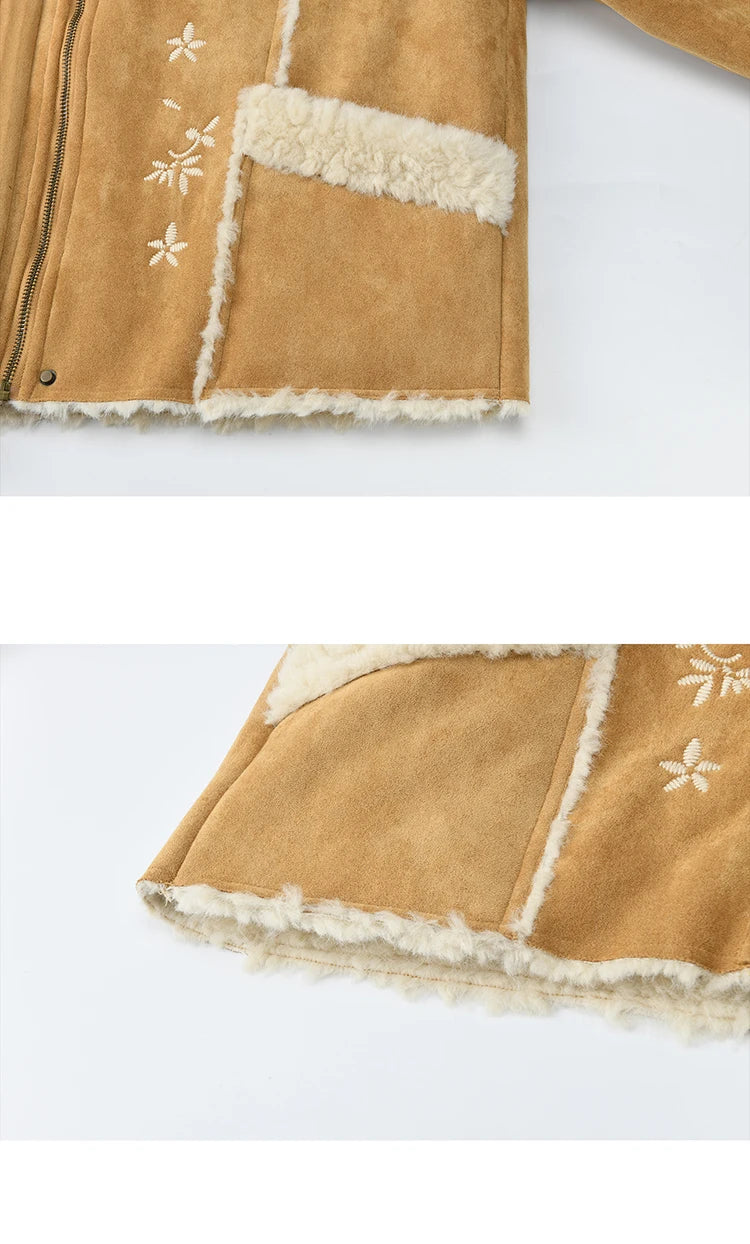 MISHOW Floral Embroidered Fur Jacket Plush Lapel Zipper MXE87W0918