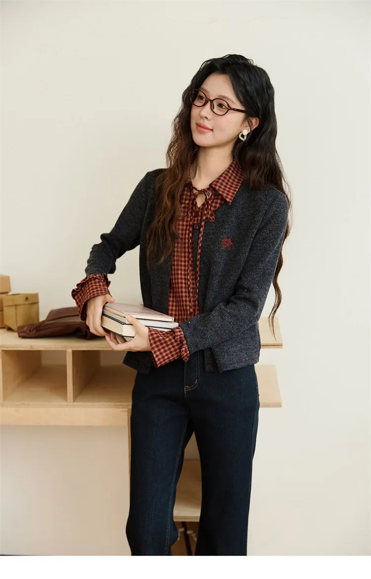 MISHOW Fake Two Knitted Sweater Plaid Splicing Flare Sleeve MXE45Z1401
