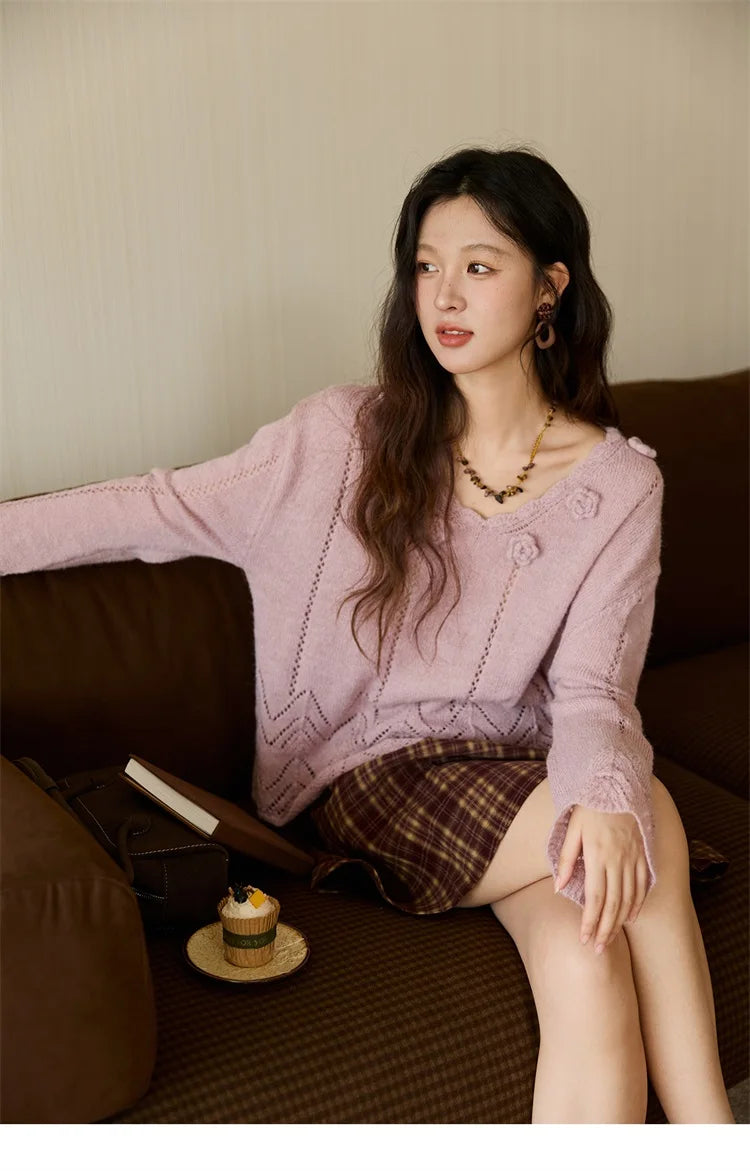 Mishow Purple Hollow Wave V-Neck Crochet Pullover MXE45Z1391
