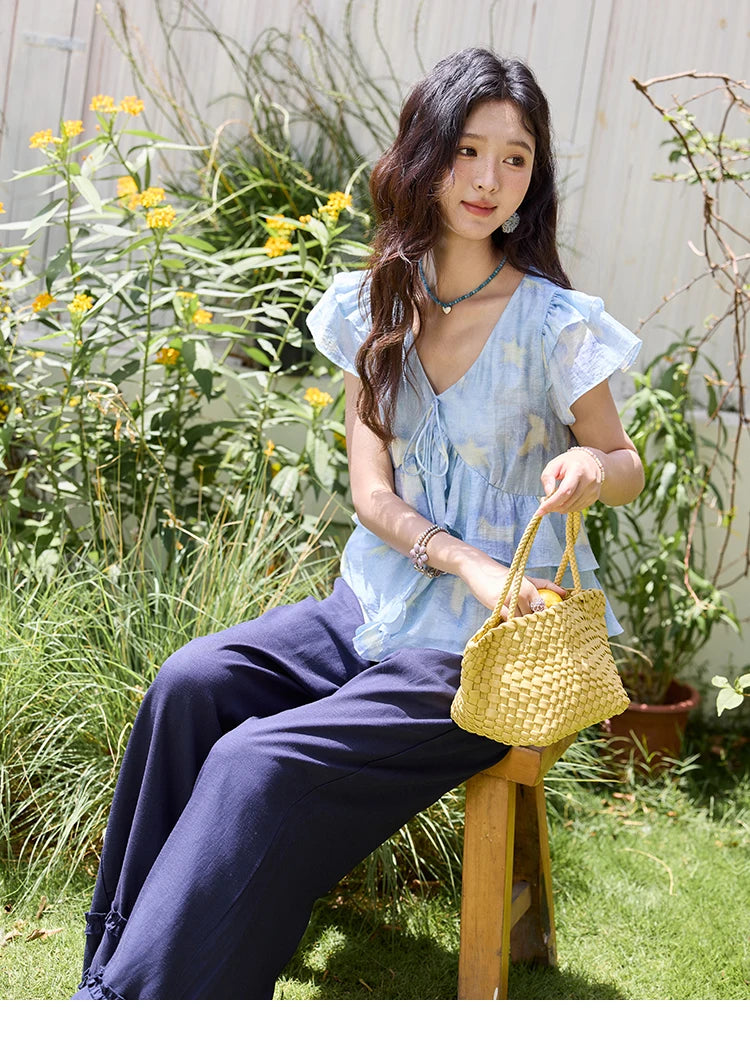 MISHOW Women's Blue Double-Layer Ruffled Linen V-Neck Blouse MXE33X1819