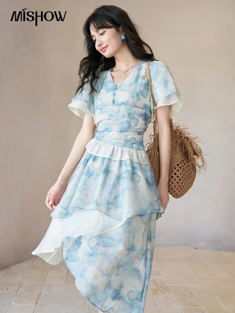 Mishow Van Gogh Double Layer Sleeve Asymmetrical Dress MXC39L1527