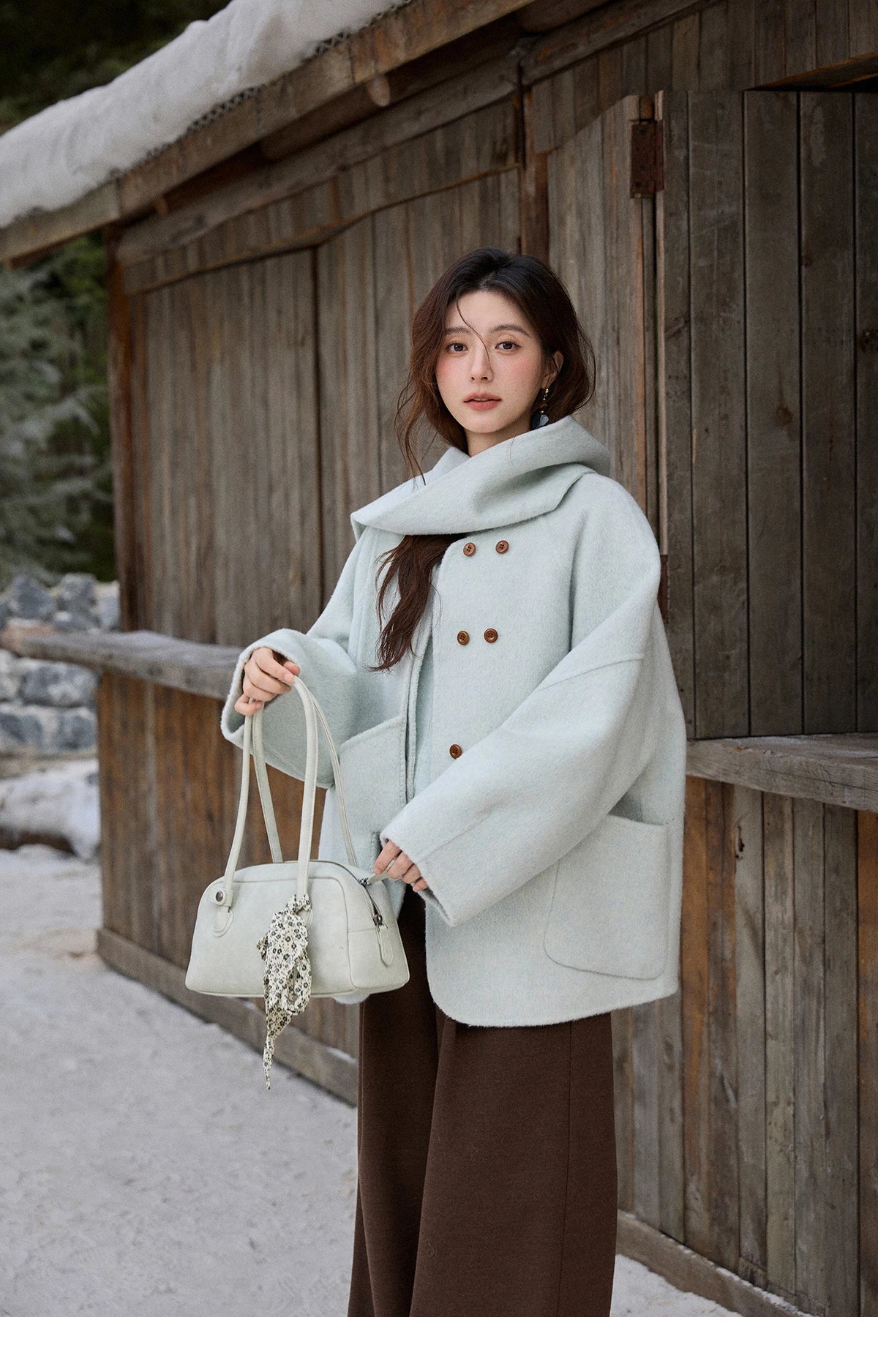 Mishow 100% Wool Mint Green Double-Faced Coat with Scarf & Gloves MXE92W1014