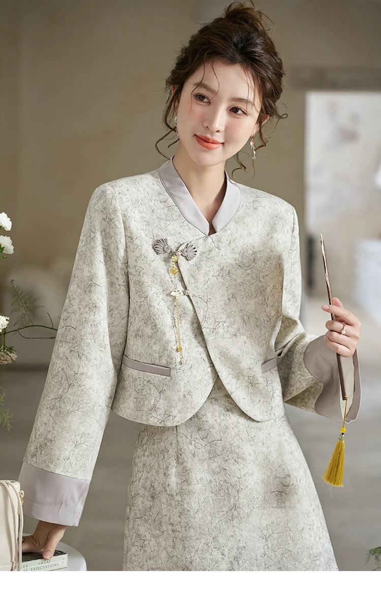 Mishow Chinese Stand Collar Jacket & A-Line Skirt Set MXD15W0373