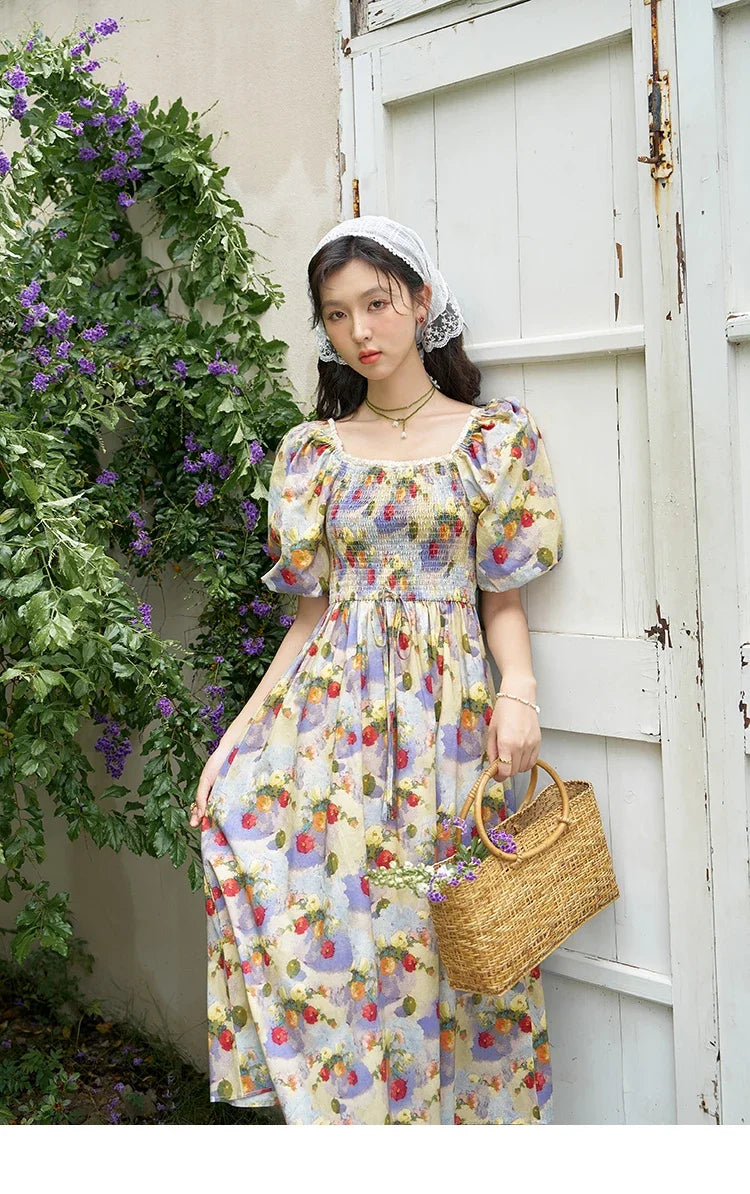 Mishow Floral Smocked Puff Sleeve Beach Dress MXD24L1905