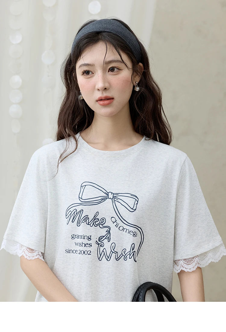 Mishow Print Lace Bow Detail Tee MXE32T0554