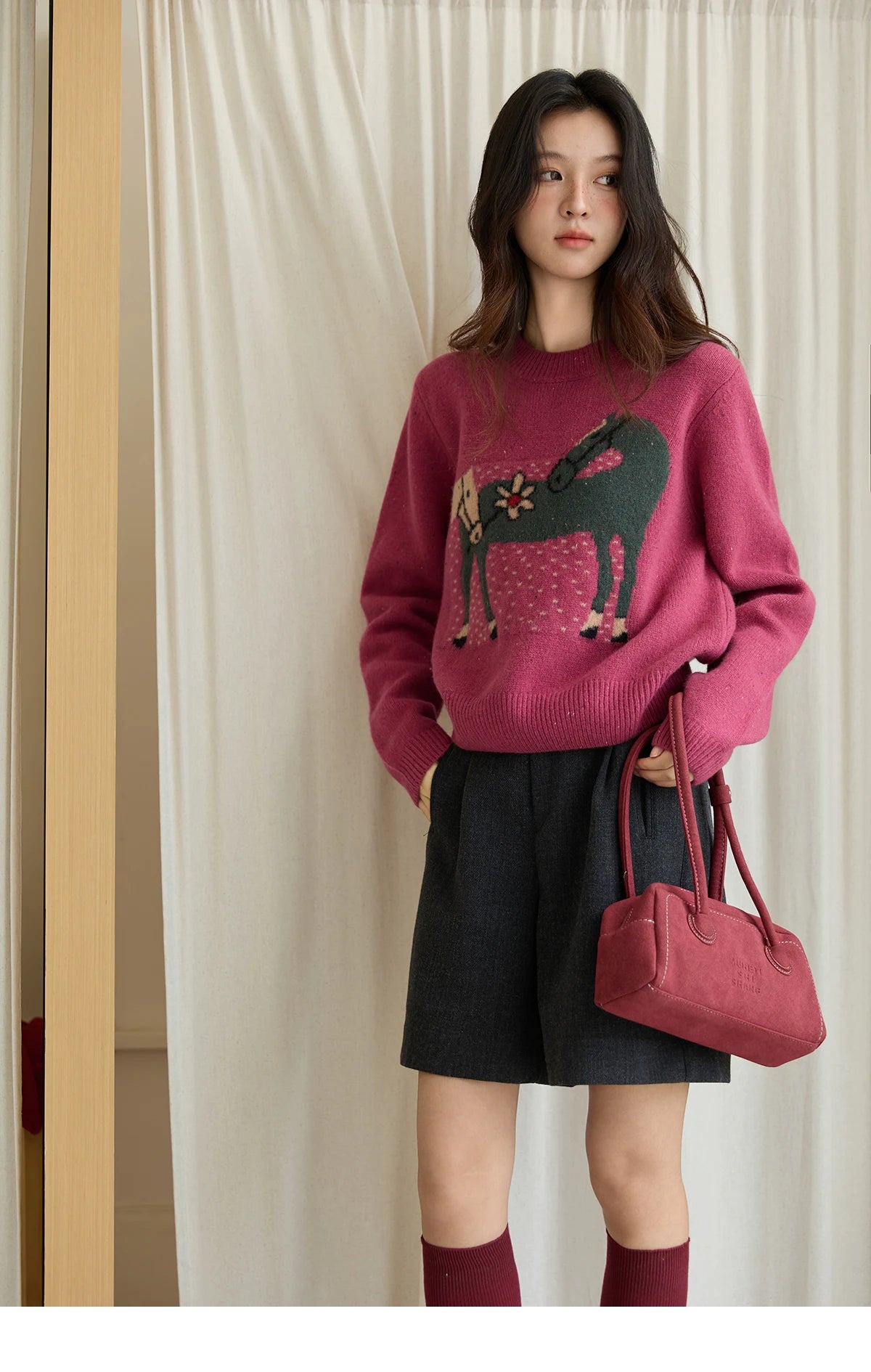 Mishow Red Pony Jacquard Round Neck Pullover MXE48Z2622