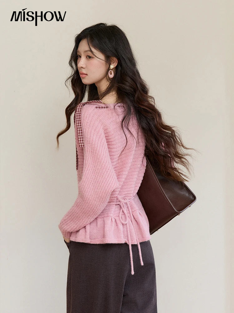 Mishow Pink Plaid Bow Peplum Ribbed Sweater MXF11Z3016