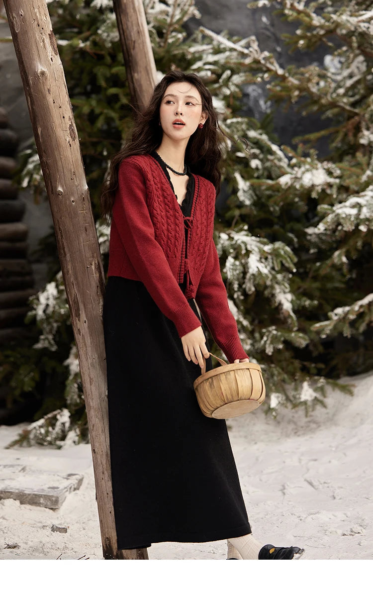 Mishow Red Knitted Cardigan & V-Neck Midi Dress Set MXD58L2085