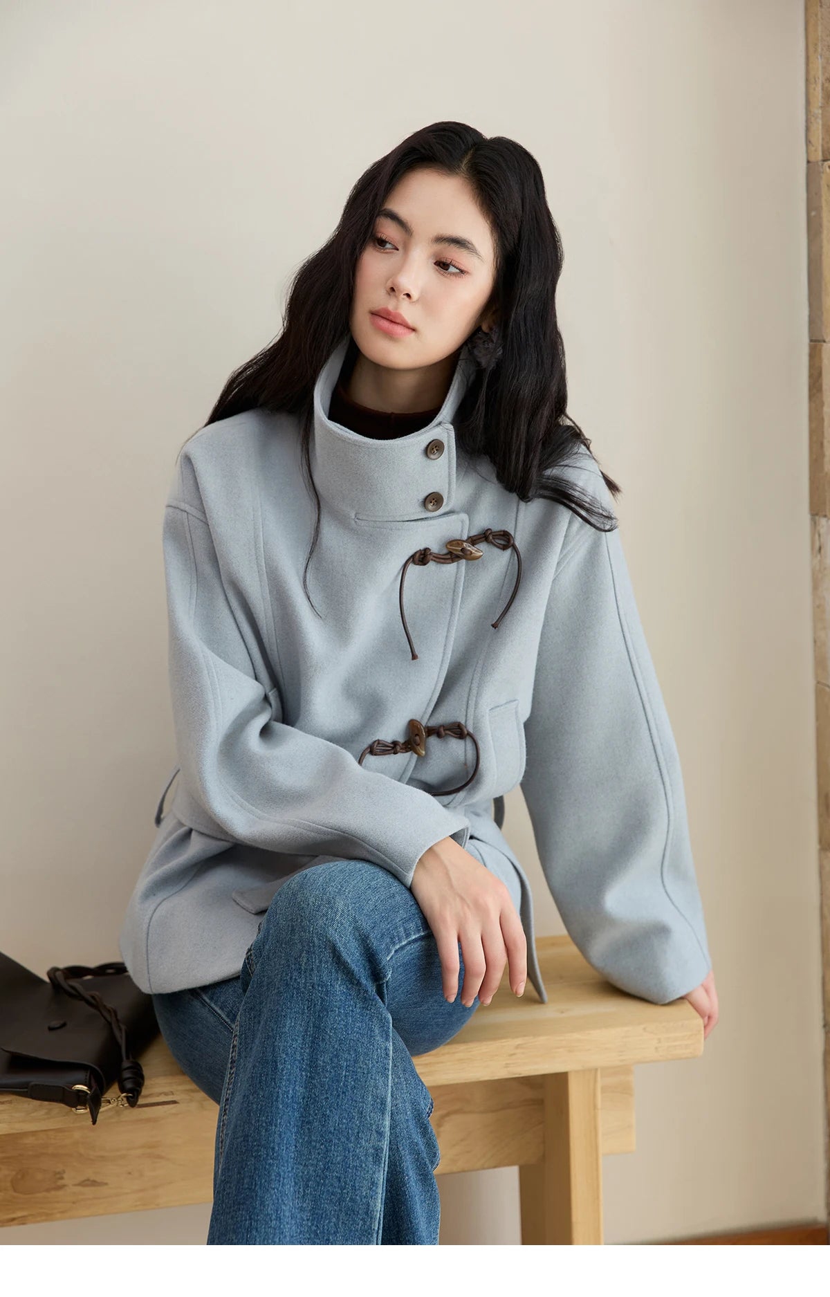 Mishow Blue Double-Breasted Lace Up Woolen Coat MXE51W0872
