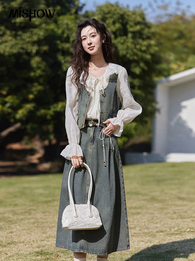 Mishow Korean Denim Vest Coat & Slim A-Line Midi Skirt Set MXE13W0731