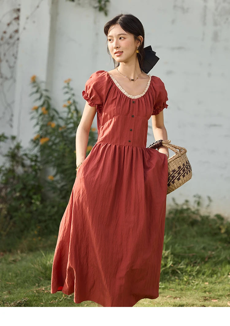 Mishow French Puff Sleeve Lace Neck Long Dress MXE35L2297