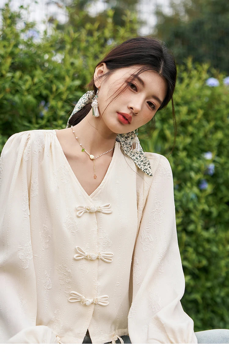 MISHOW Chinese Button Up Shirt Jacquard Drawstring Puff Sleeve MXD14X1386
