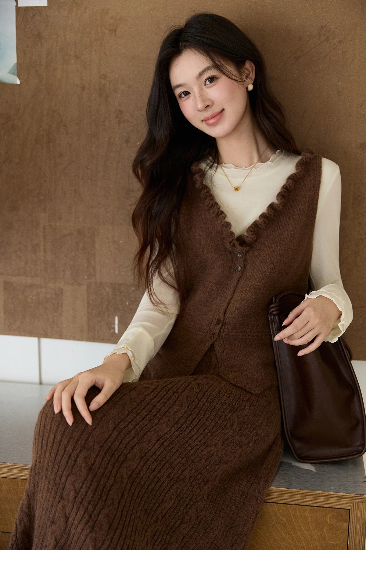 Mishow Brown Knitted Vest & Cable Knit Maxi Skirt Set MXF11T1460