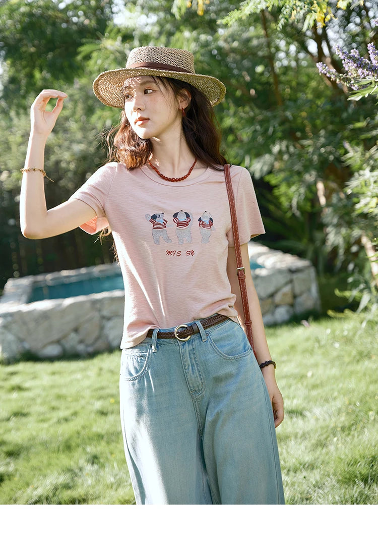 Mishow Little Bear Embroidery Round Neck Tee MXE39T0699