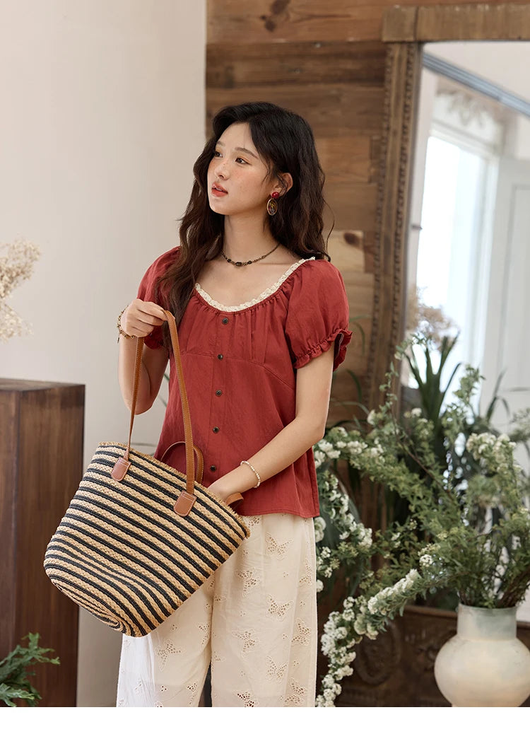 MISHOW Short Puff Sleeve Blouse Lace Collar Slimming MXE35X1827