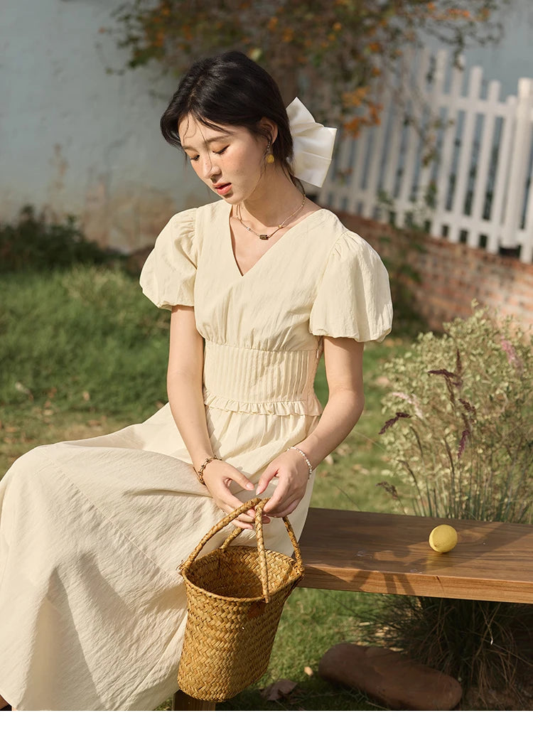 Mishow French Puff Sleeve V-Neck Cotton Dress MXE34L2288