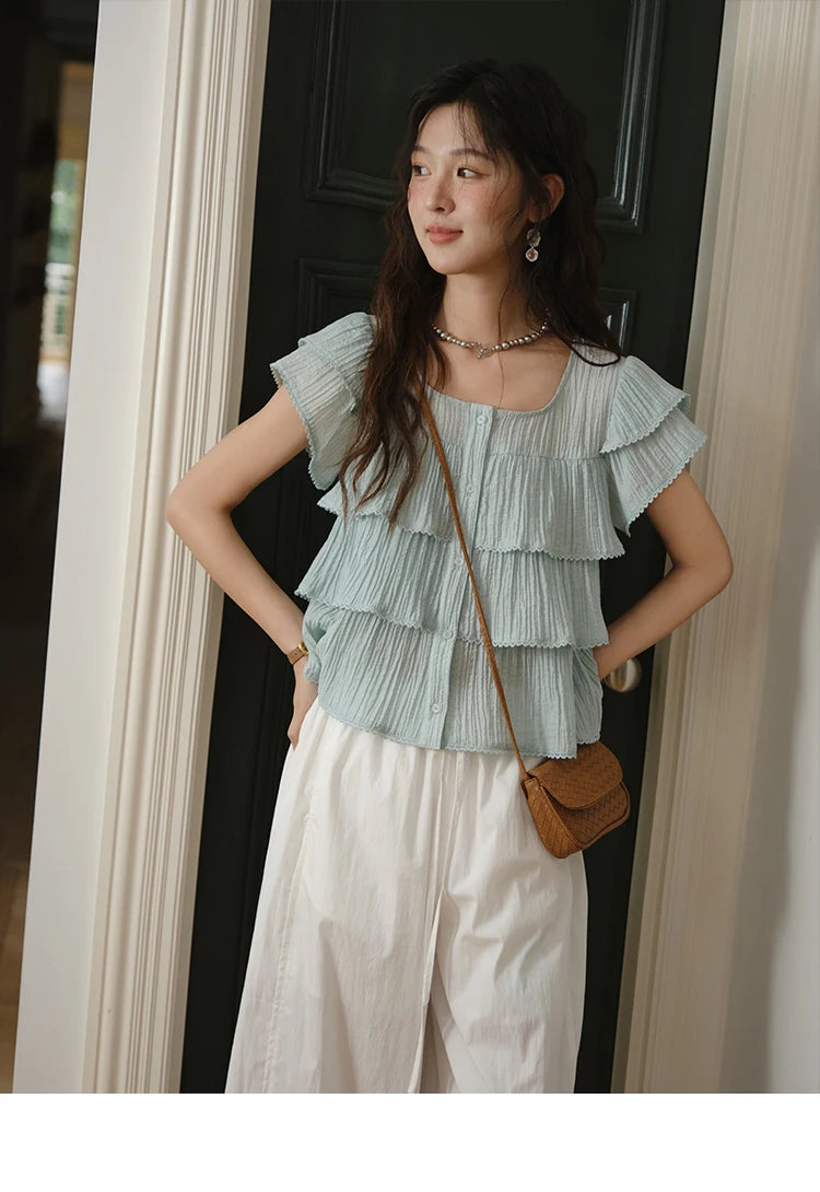 MISHOW Butterfly Sleeve Chiffon Shirt Square Neck Button MXD30X1488