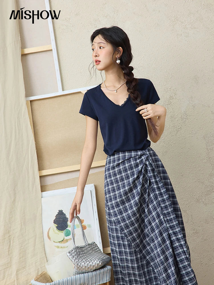 Mishow V-Neck Lace Spliced Office Tee MXE36T0644