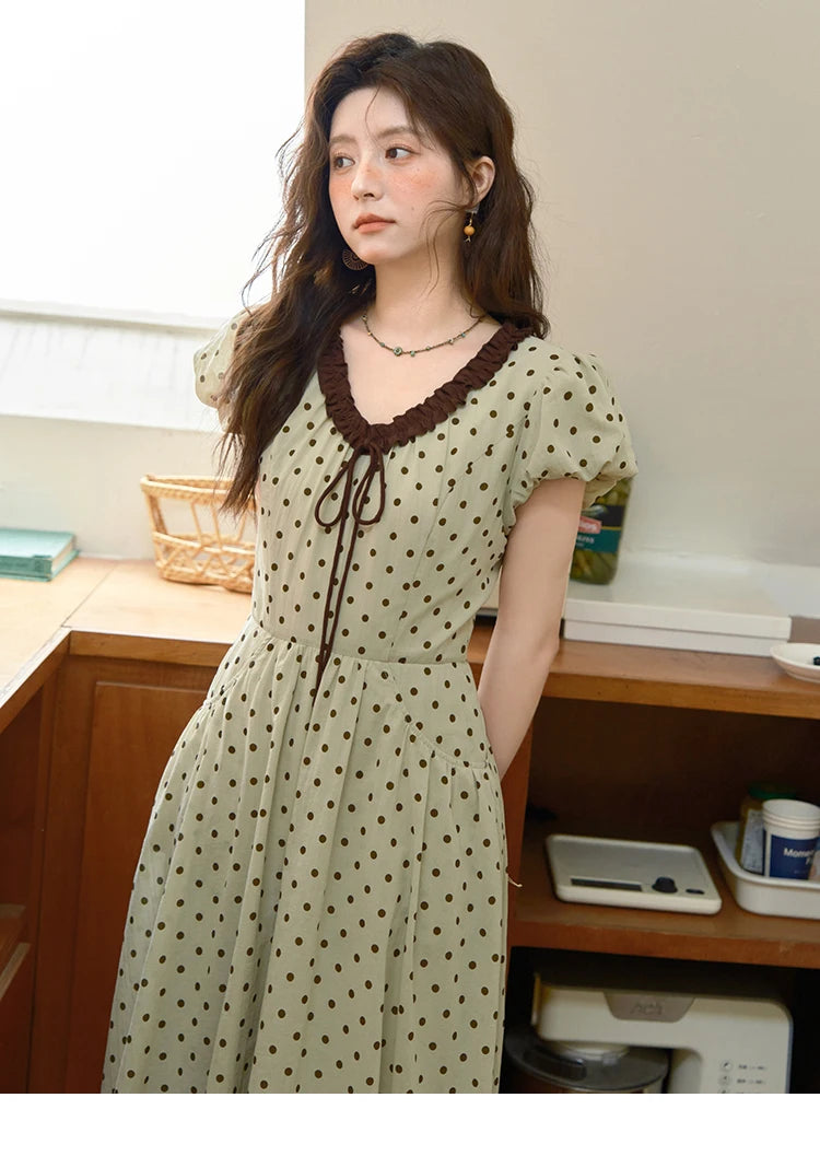 Mishow Polka Dot V-Neck Lace Up Puff Sleeve Dress MXE39L2326