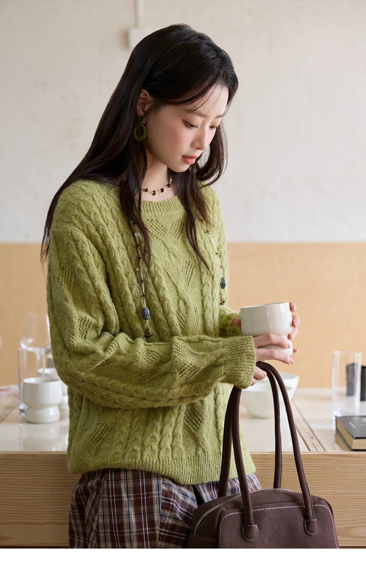 Mishow Green Retro Twisted Rope Hollow Pullover MXE49Z2520