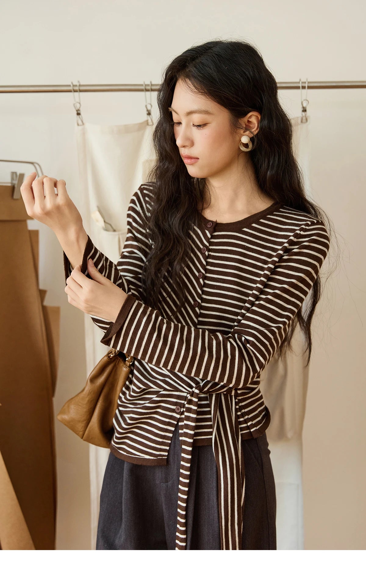 Mishow Coffee Striped Knitted Cardigan Sweater MXE46Z2537