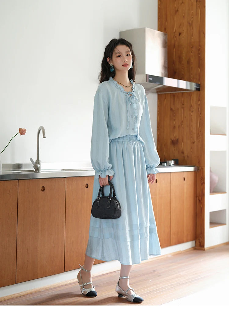 Mishow Light Blue Linen V-Neck Lace-Up Shirt & Elastic Skirt Set MXE41T0700