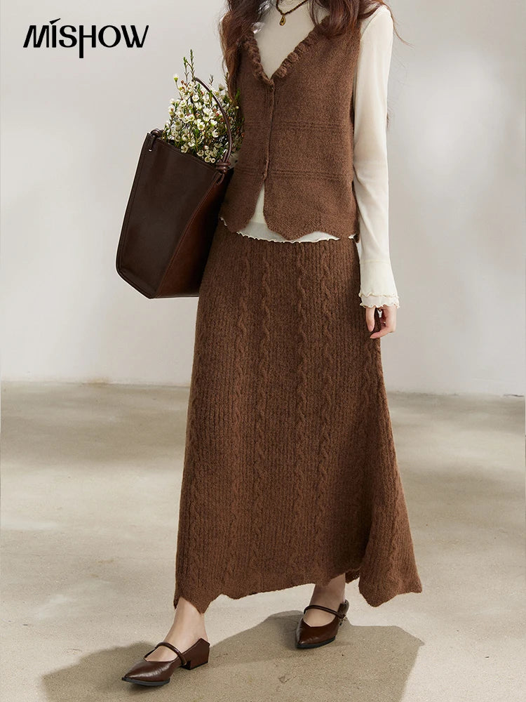 Mishow Brown Knitted Vest & Cable Knit Maxi Skirt Set MXF11T1460