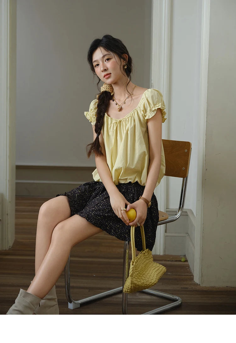 MISHOW Cotton Blouse Puff Sleeve Lace Up O-Neck MXE37X1893