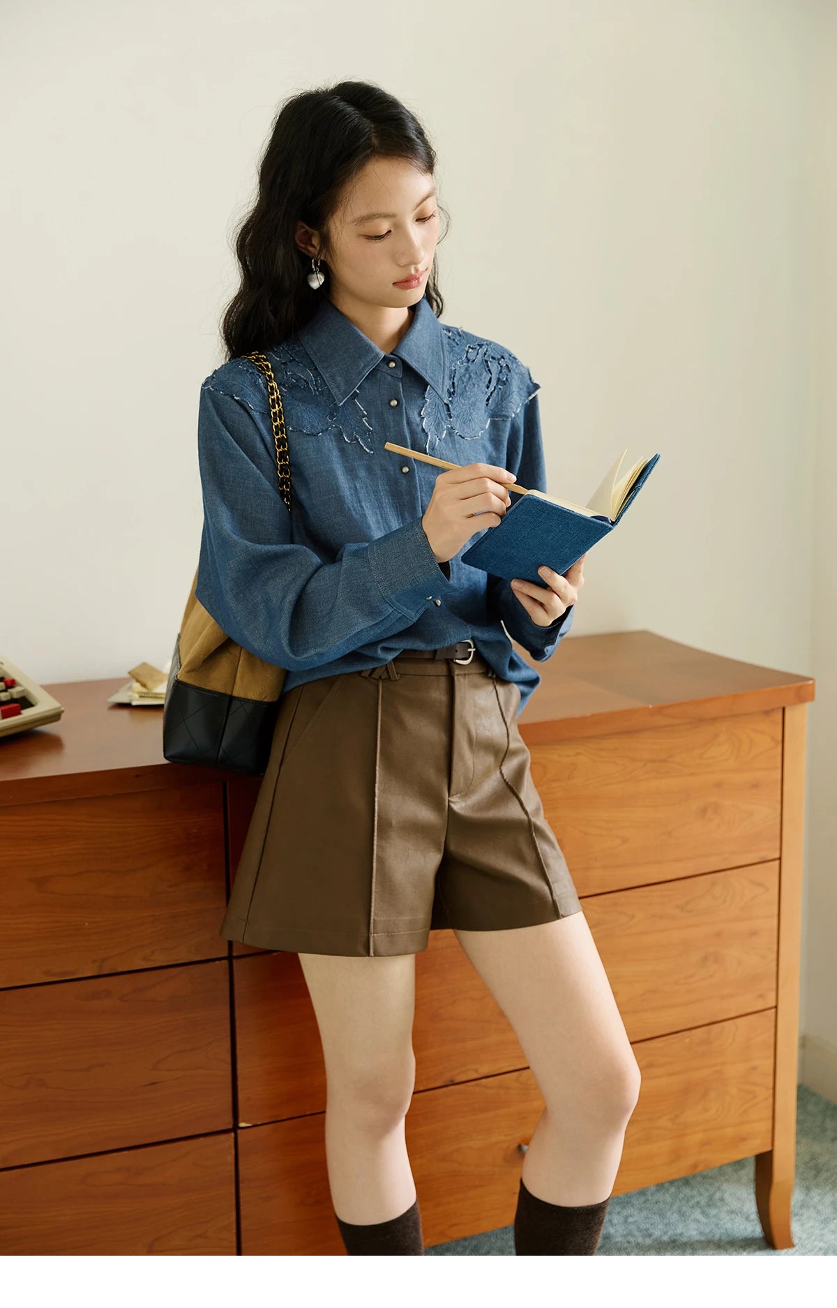 MISHOW Blue Shirt Hollowed Out Patchwork Embroidery Imitation Denim MXE46C2410