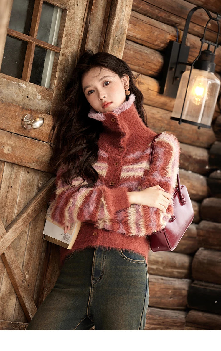 Mishow Red Striped Faux Mink Fur Stand Collar Cardigan MXD59Z1005