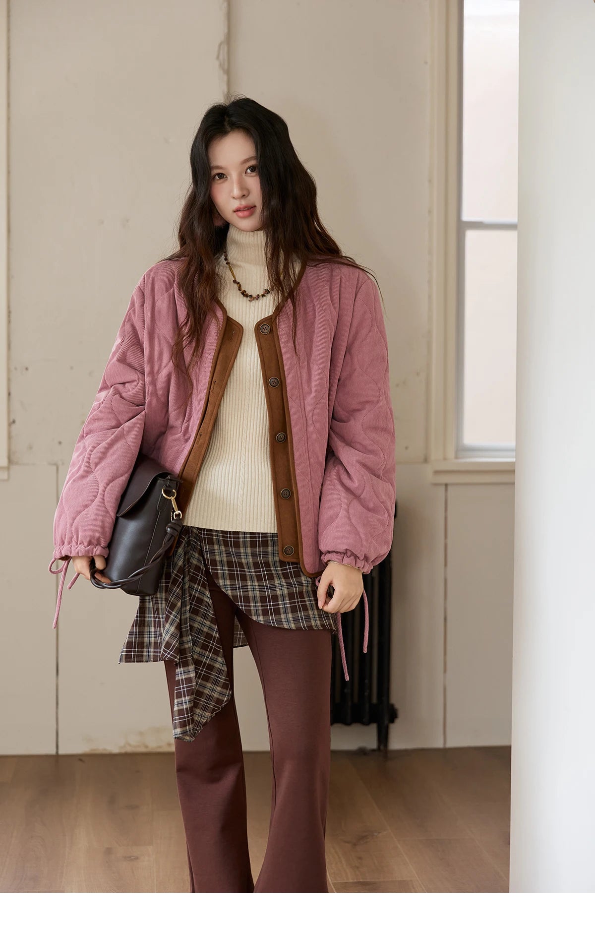 MISHOW Pink Purple Corduroy Jacket Gourd Pattern Splicing Suede MXE88W0882
