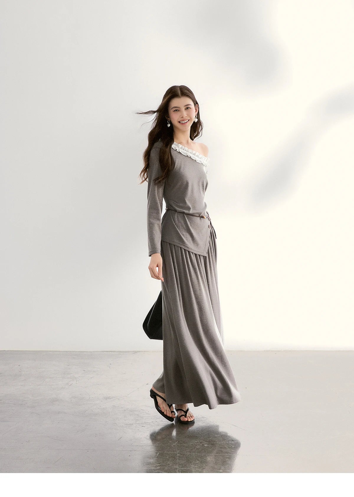 Mishow Grey Off-Shoulder Lace Trim Top & Maxi Skirt Set MXF13T1479