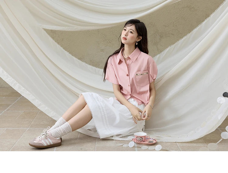 MISHOW Short Puff Sleeve Blouse Turn Down Collar Shell Ribbon MXE33C0773