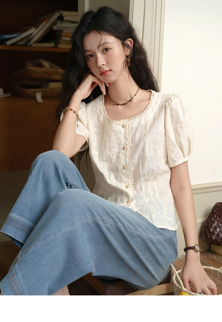 MISHOW Embroidery Cotton Shirt Puff Sleeve Button MXE39X1979